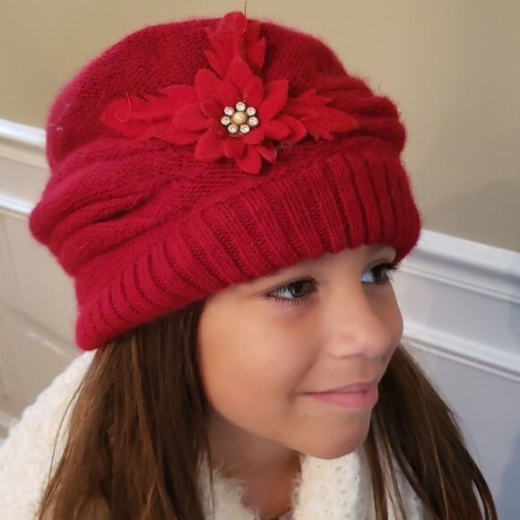 Red Winter Hat with Floral Rhinestone Pendant - Picture 2 of 4